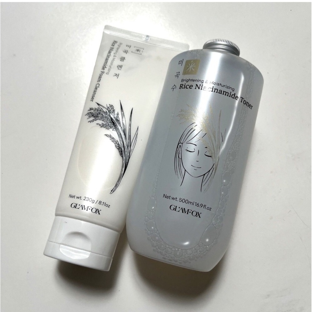 Bundle New 2pc Korean Glamfox Rice Niacinamide Foam Cleanser + Toner K-Beauty